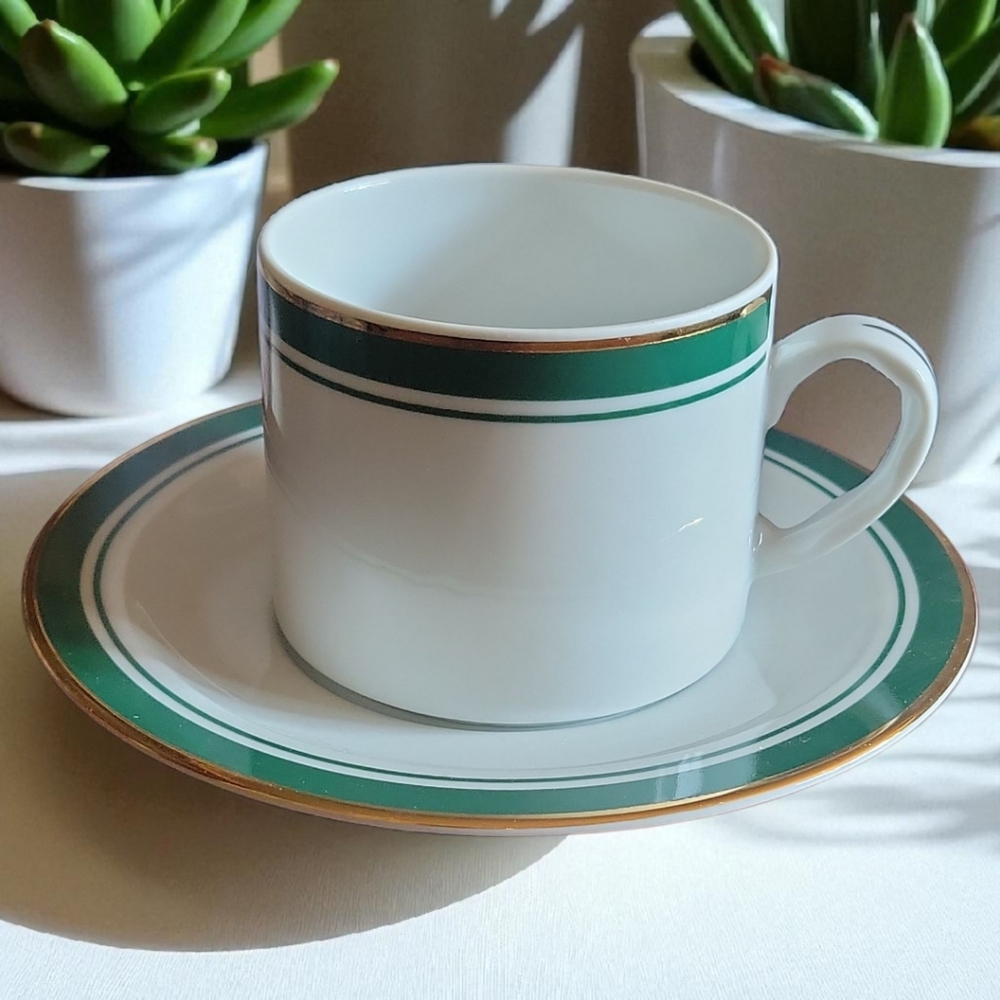 Vtg PHILIP KINGSLEY CLASSICS EMERALD Flat Cup & Saucer Gold Green Porcelain